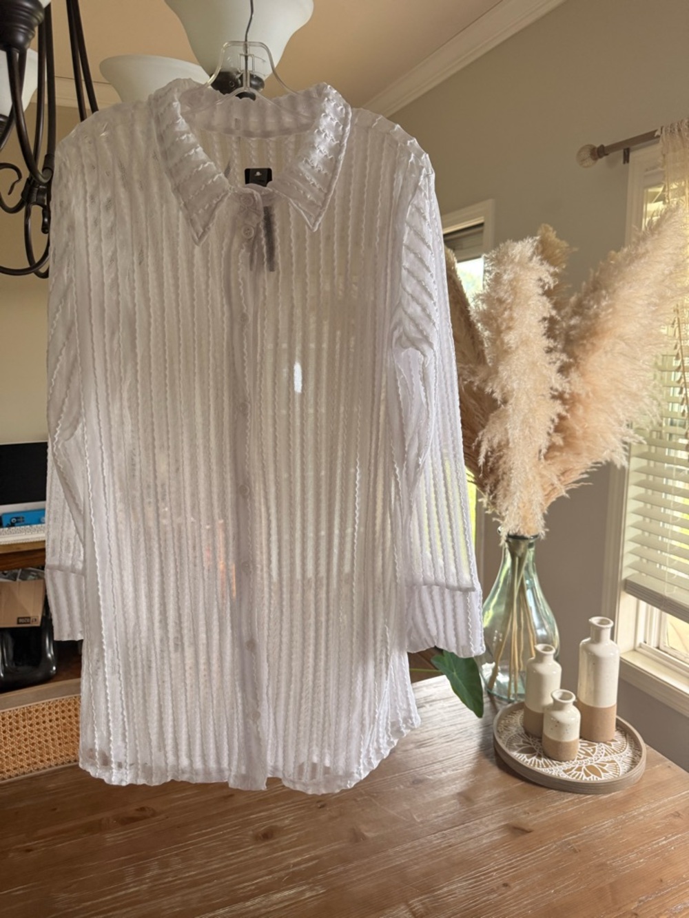 Fashion Nova White Textured Long-Sleeve Button Down Swimsuit Coverup